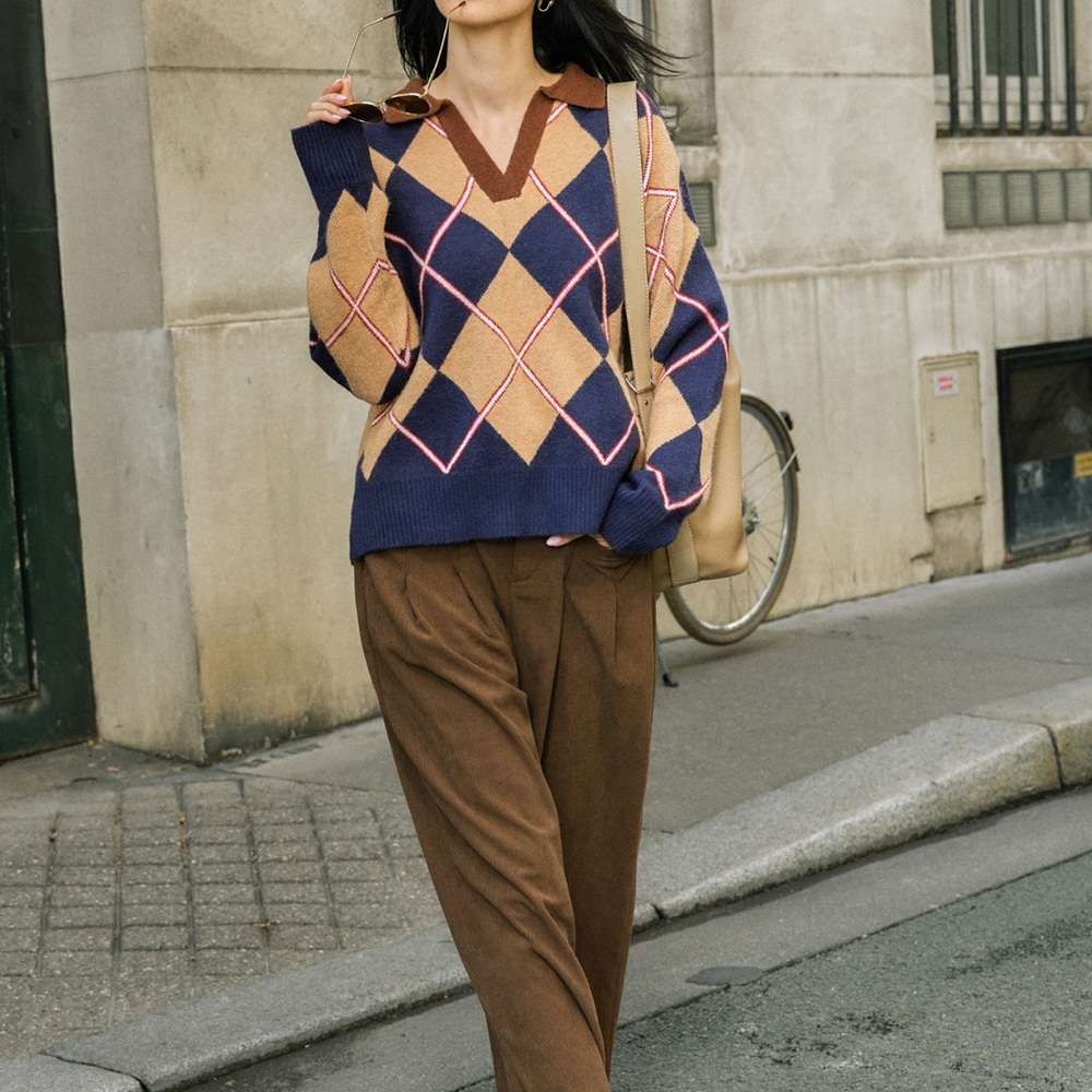 Argyle Patterned Sweater - Navy and Tan